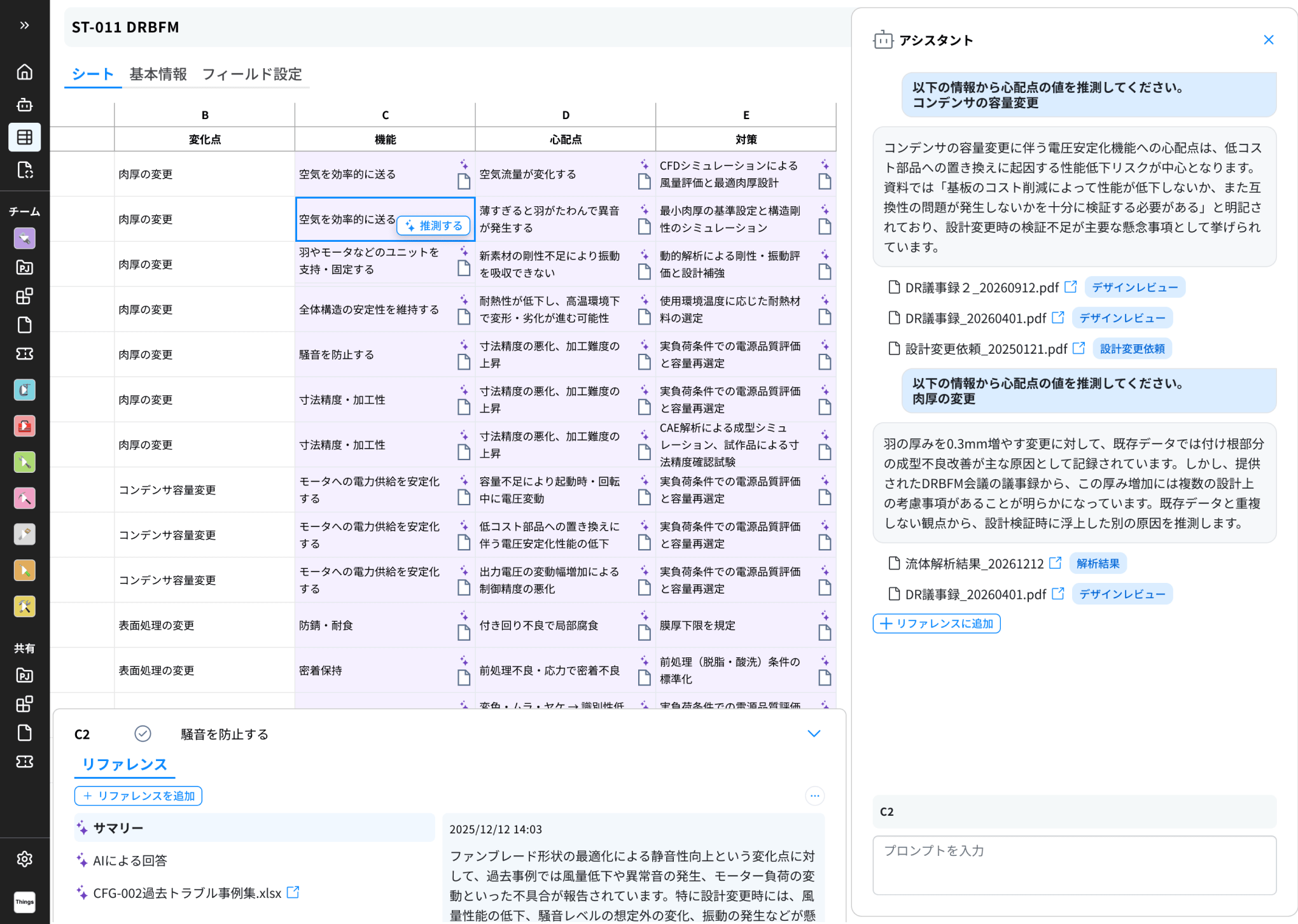 PRISMのDRBFMワークシート画面。AIアシスタントが過去の議事録などから心配点の値を推測して提案